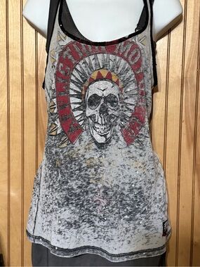 Affliction American Customs Women's Gray Burnout Skull Tank Top •Size S•